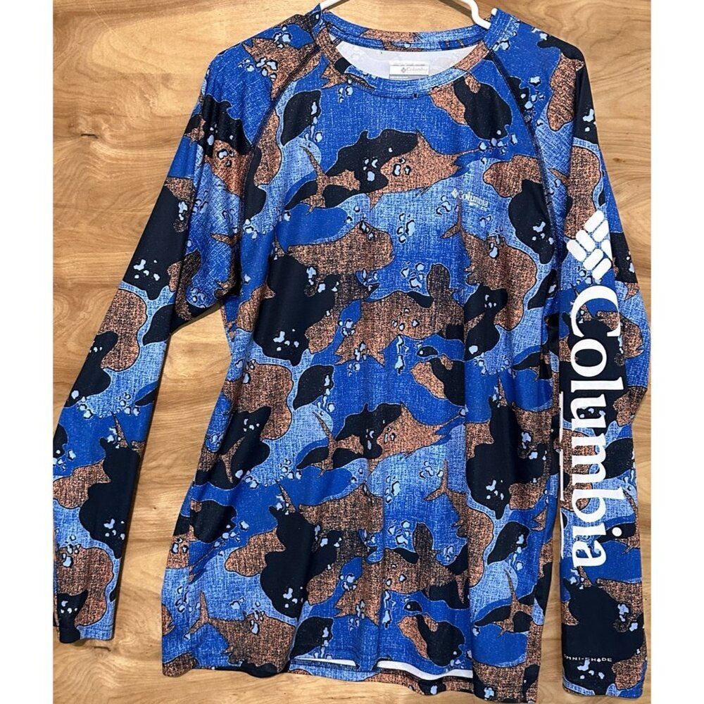 Columbia Men's Large PFG T-Shirt Long Sleeve Gamefish Camouflage Blue Fishing